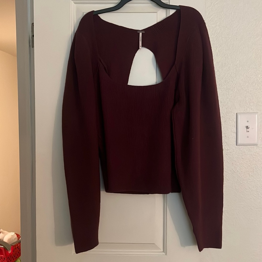 Free People Burgundy Long Sleeve Top
